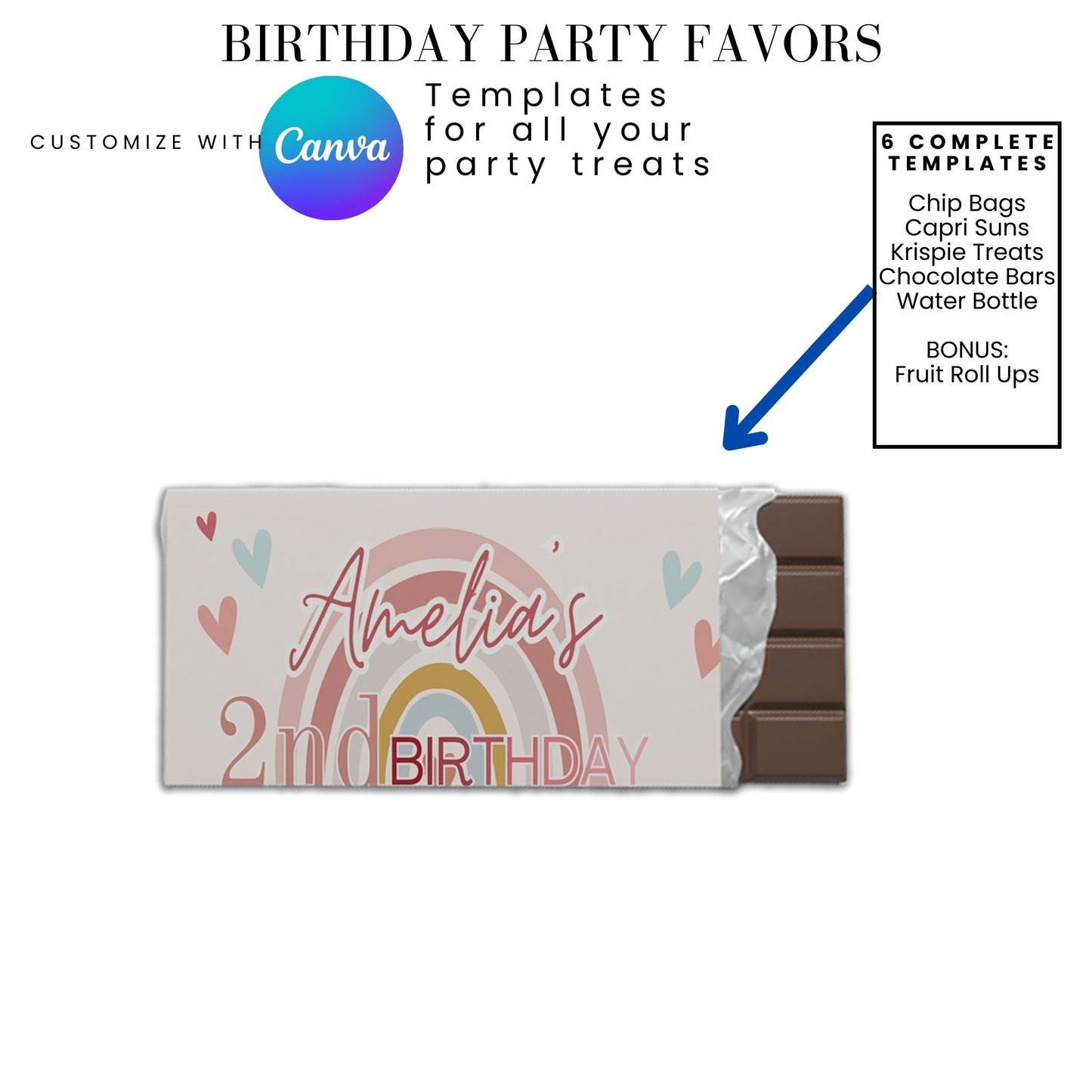 Rainbow Birthday Hearts Party Favor Templates Bundle